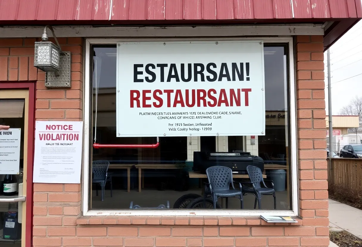 Abandoned restaurant sign with health code violation notice.