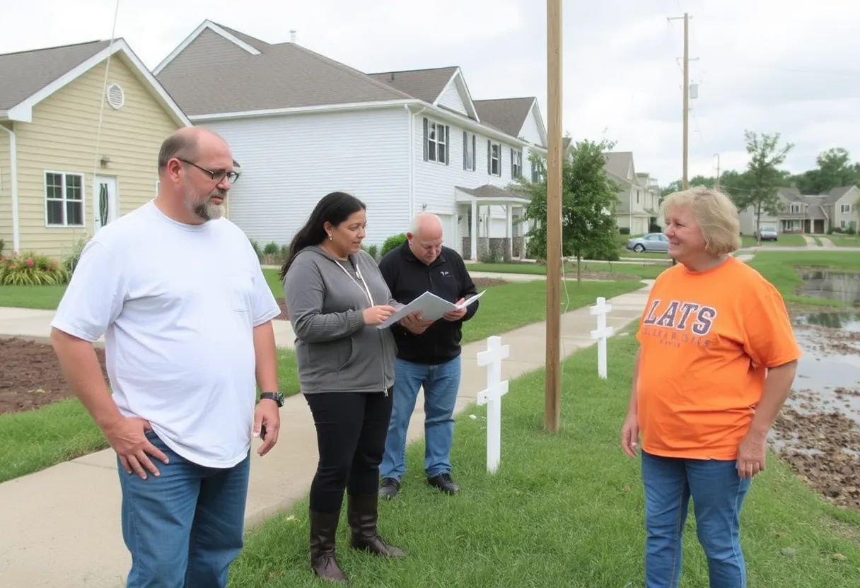 Homeowners assessing flood prevention measures in a community.