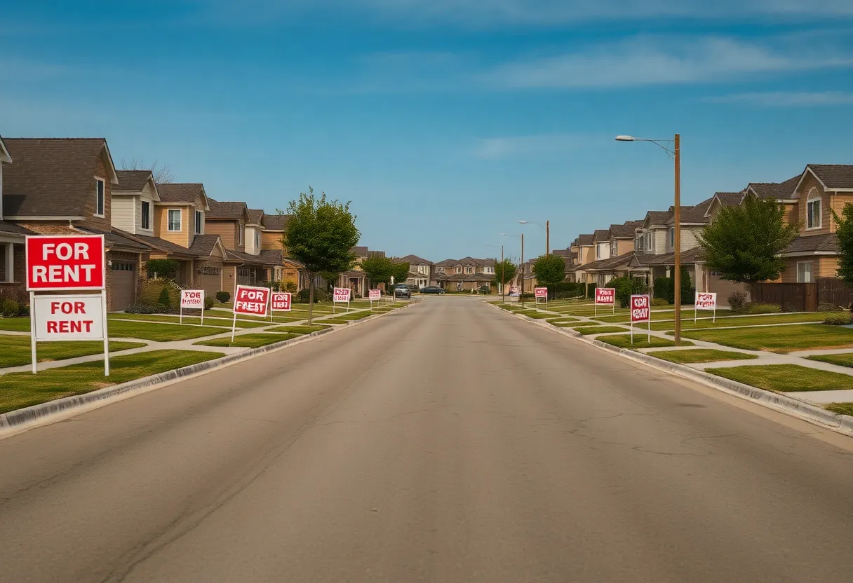 Empty suburban streets with "For Rent" signs.