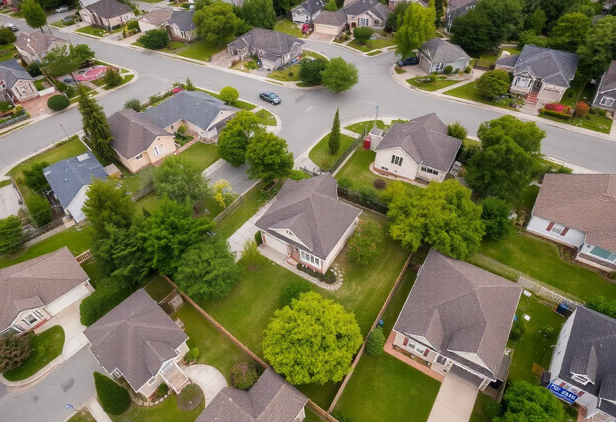 Aerial view of suburban homes with "For Sale" signs.