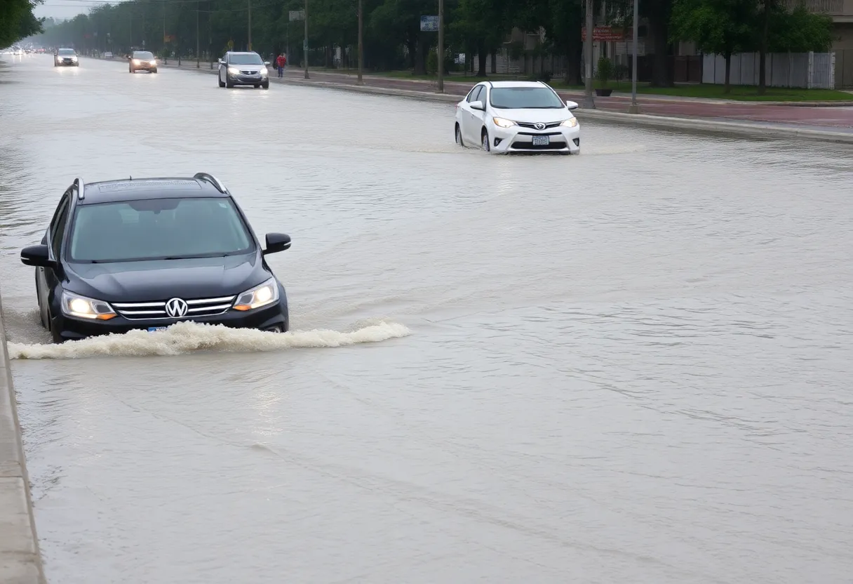 Flooded streets with rising water and submerged vehicles.