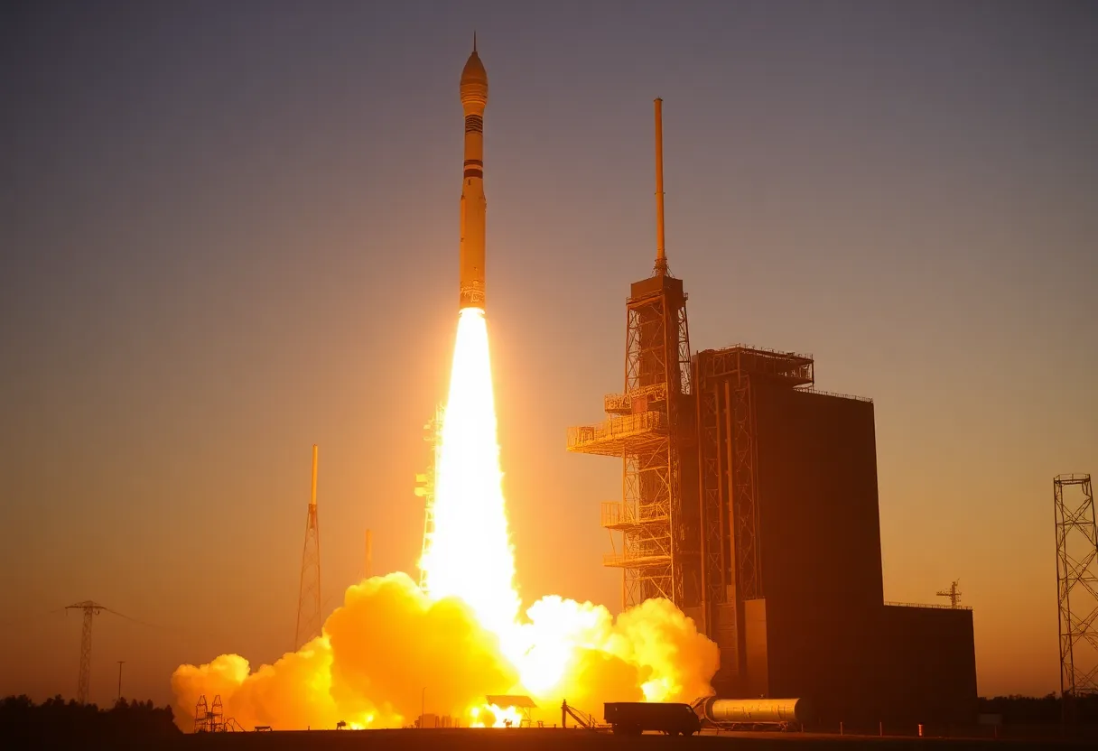 Rocket launching from modern space launch facility at sunrise.