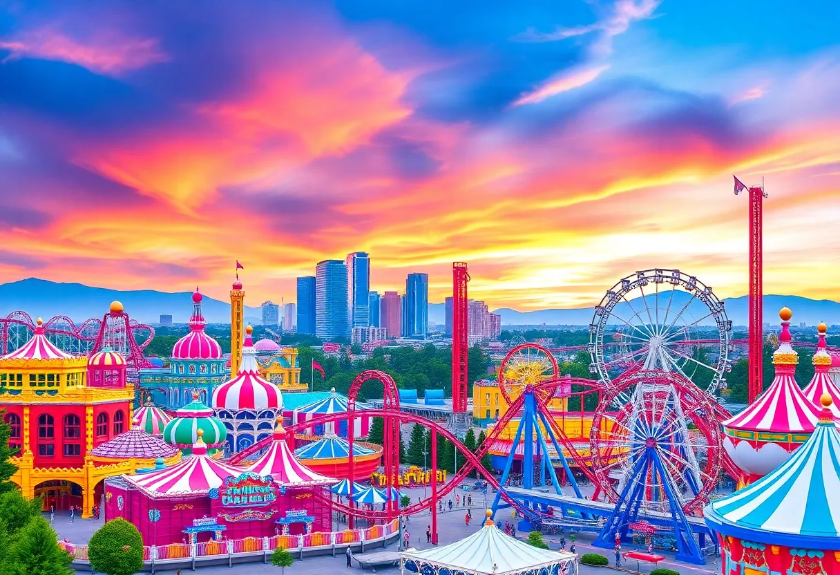 Vibrant amusement park skyline with colorful roller coasters.