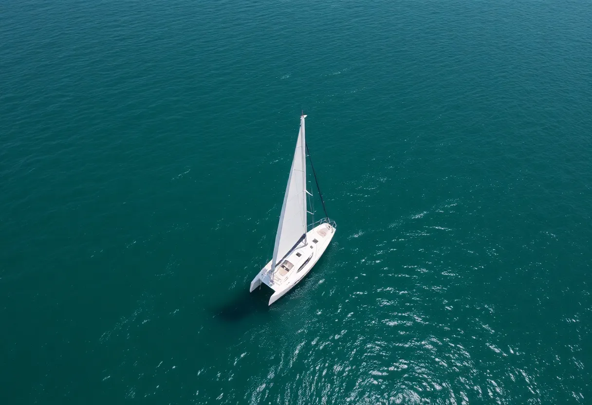 Aerial view of a saildrone over sparkling ocean waters.