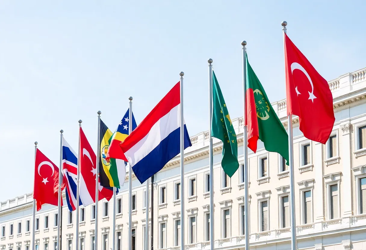Flags at government buildings with neutral backgrounds.