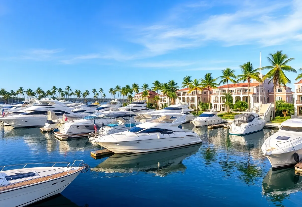 Luxurious private marina with upscale yachts and palm trees.