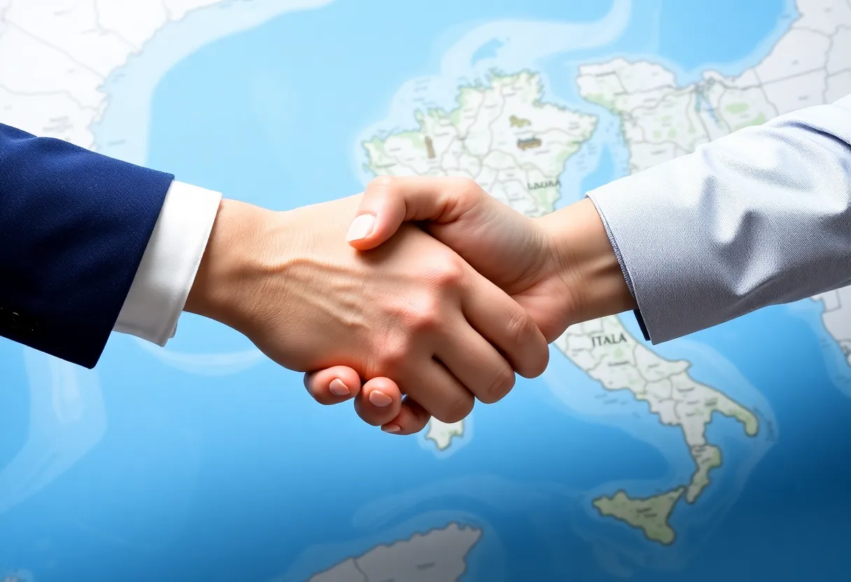 Handshake over a map of Florida and Italy.