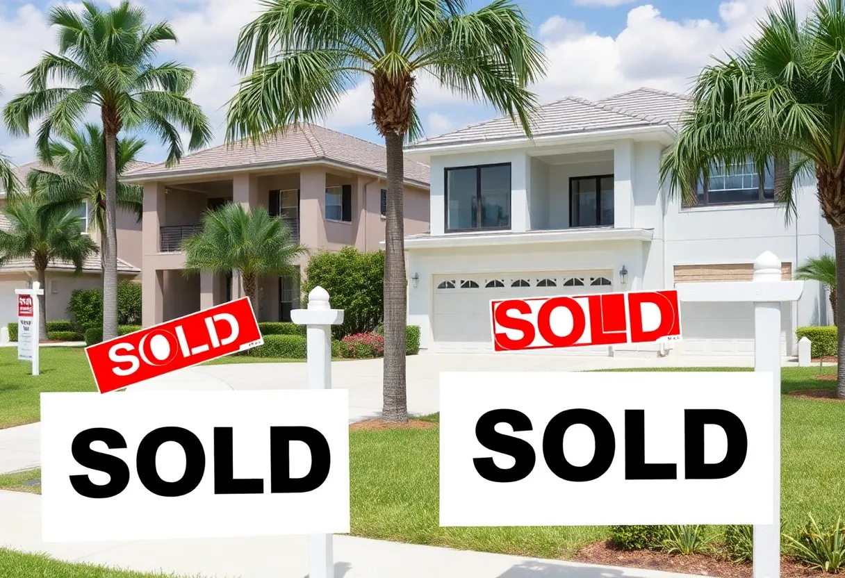Modern homes with "Sold" signs in Sarasota neighborhood.