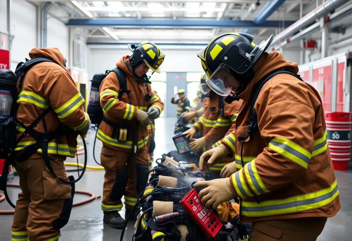 Firefighters cleaning gear in a bright facility setting.