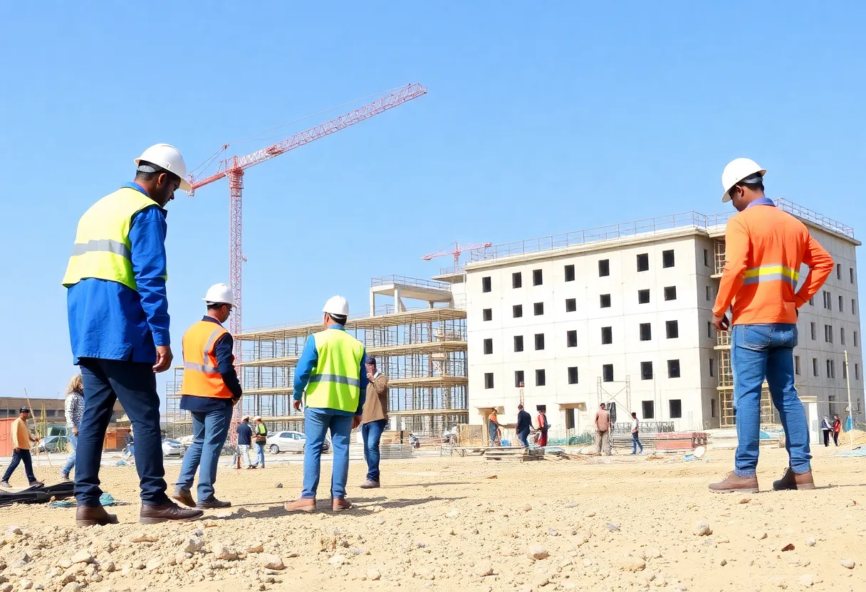 Construction workers collaborating on large-scale development project.