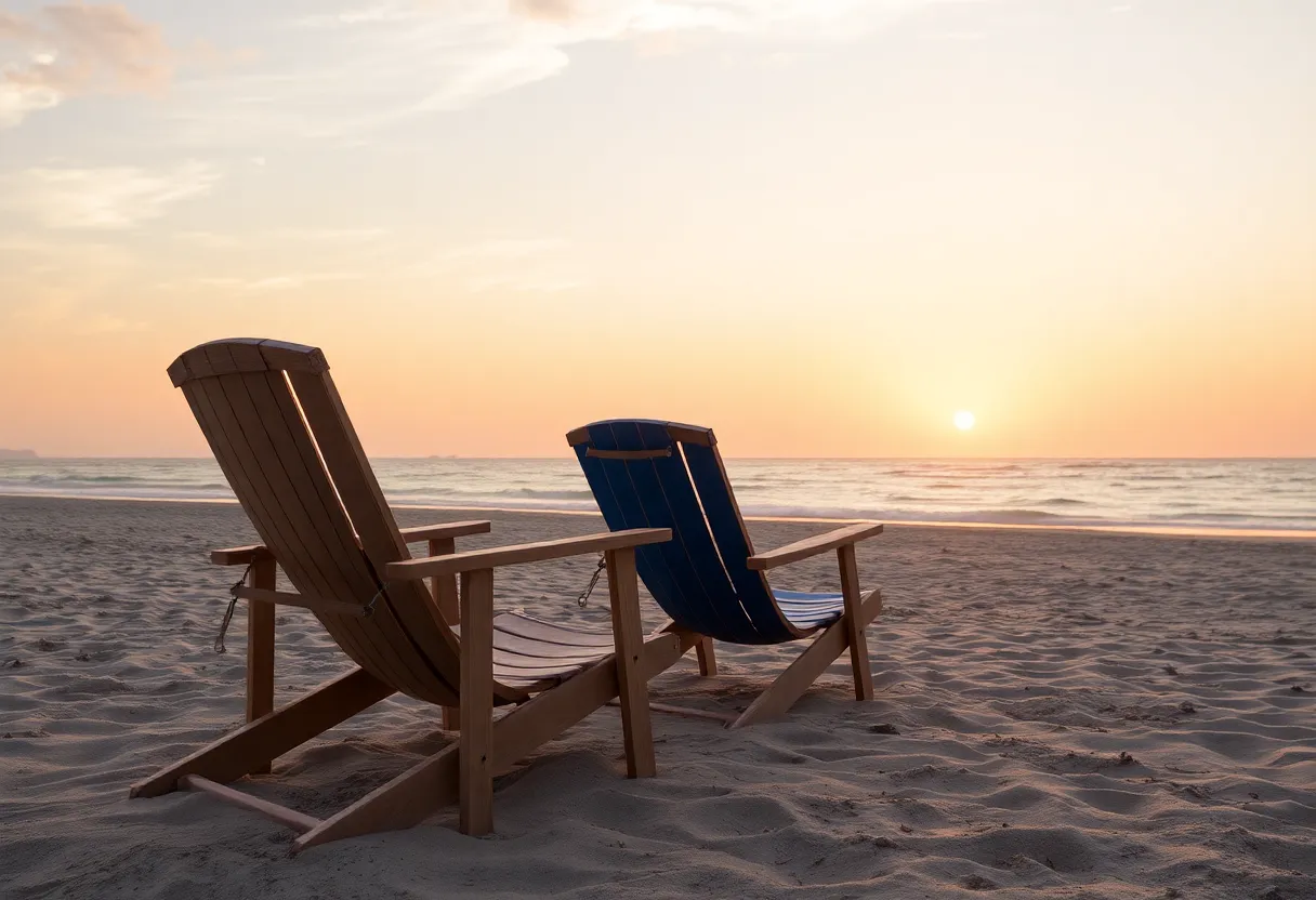 Abandoned beach chairs with a sunset backdrop.