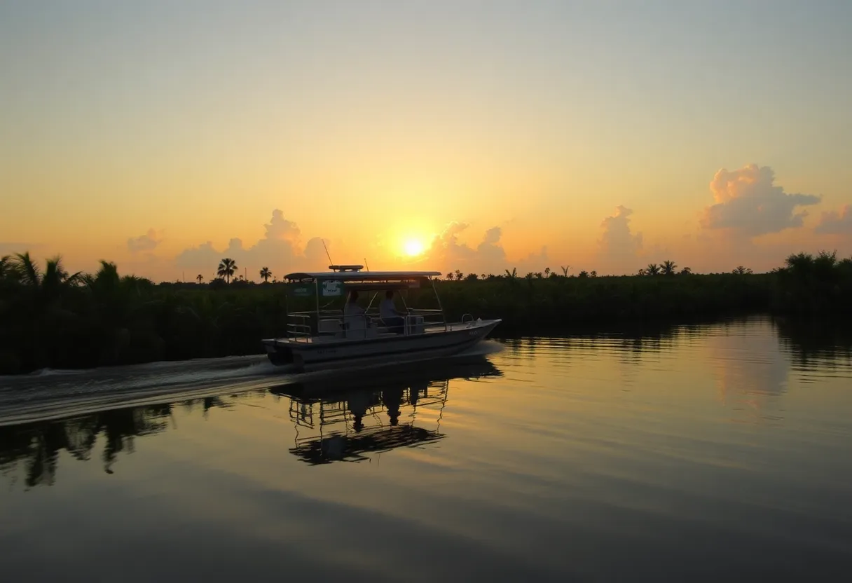 Airboat navigating through tranquil Everglades waters at sunset.