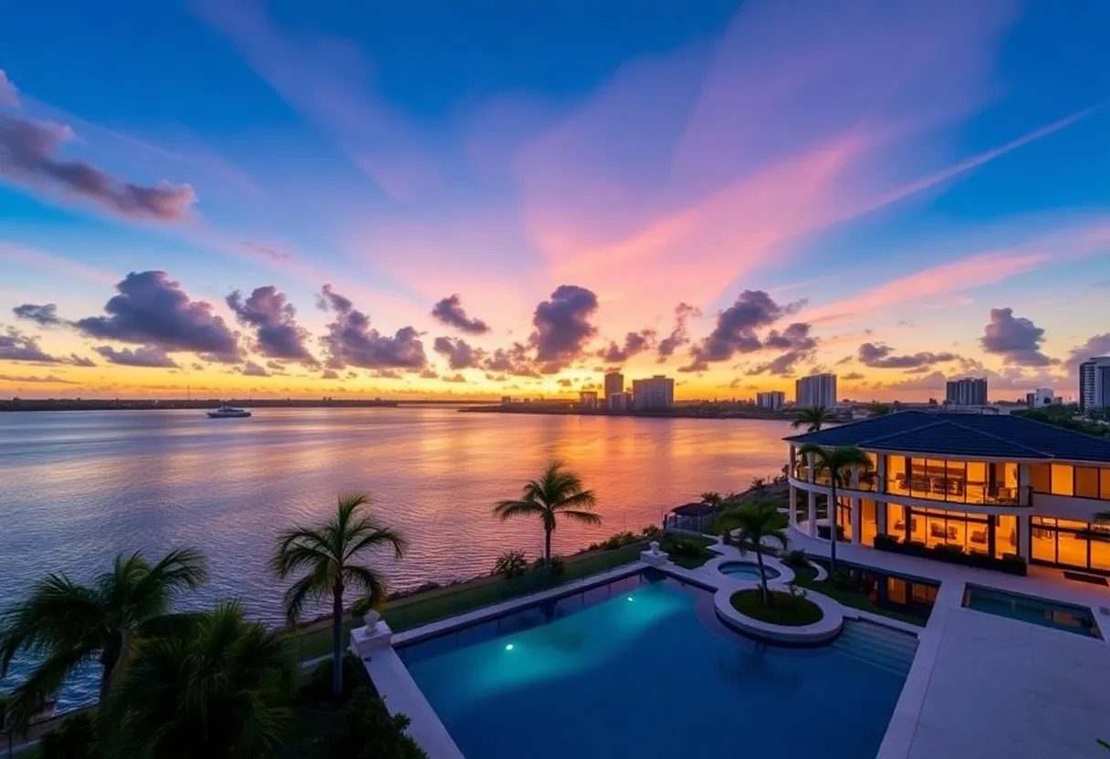 Luxurious mansion overlooking Fort Lauderdale waterfront at sunset.