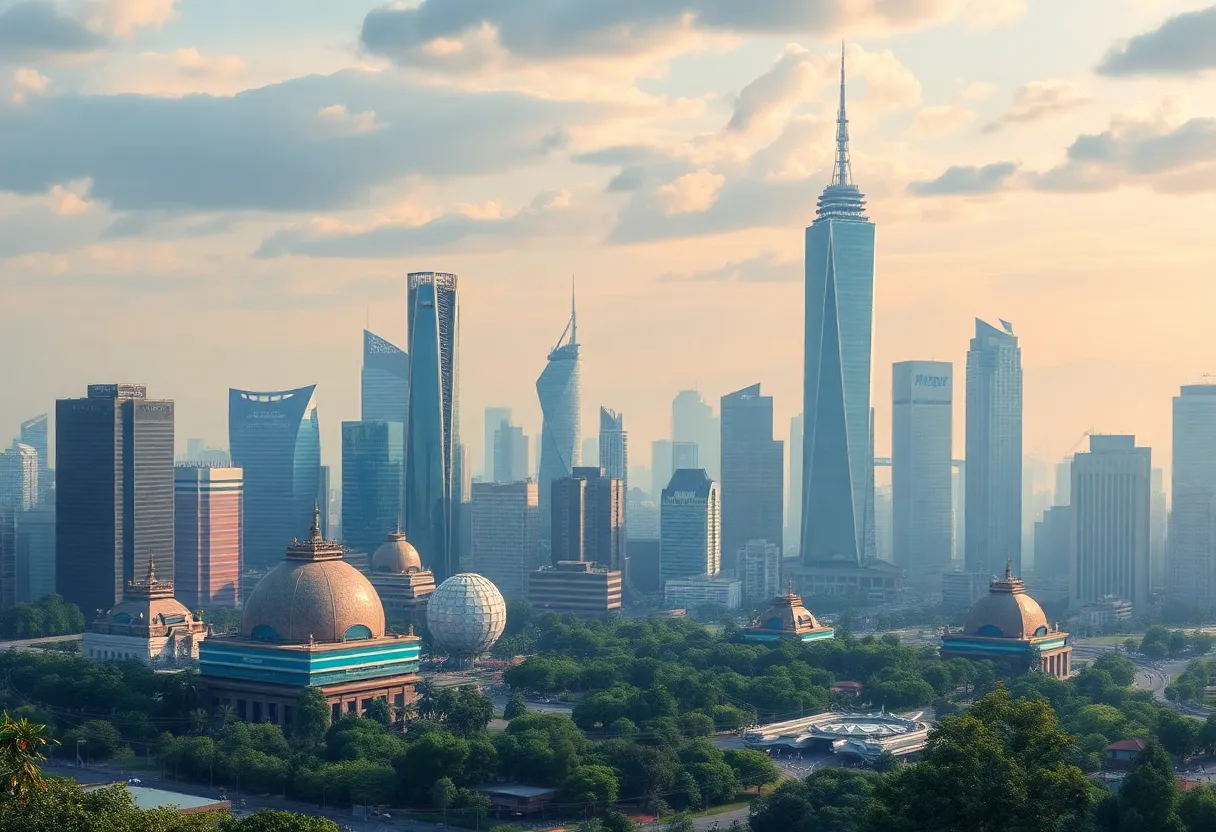 Dynamic city skyline with futuristic elements and greenery.