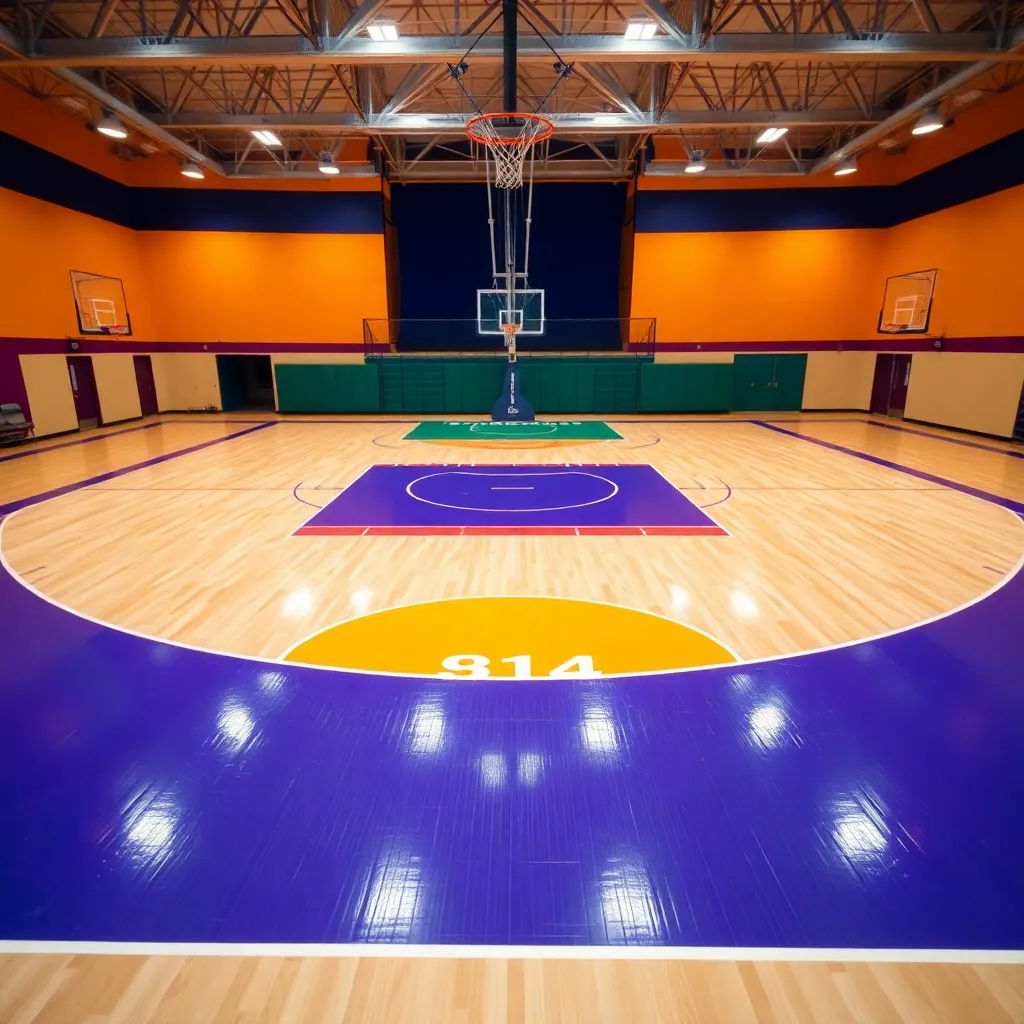 Basketball court with vibrant team colors and welcoming atmosphere.