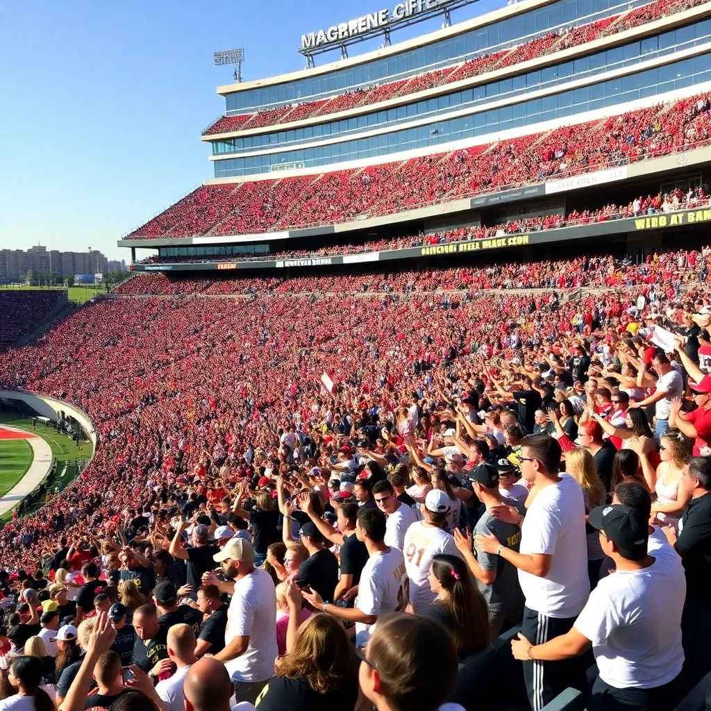 UCF stadium filled with cheering fans in team colors.