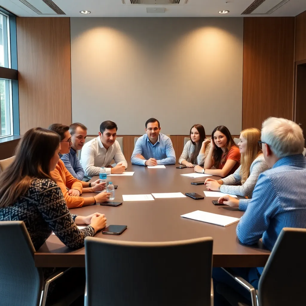 Collaborative meeting in a university boardroom with diverse individuals.