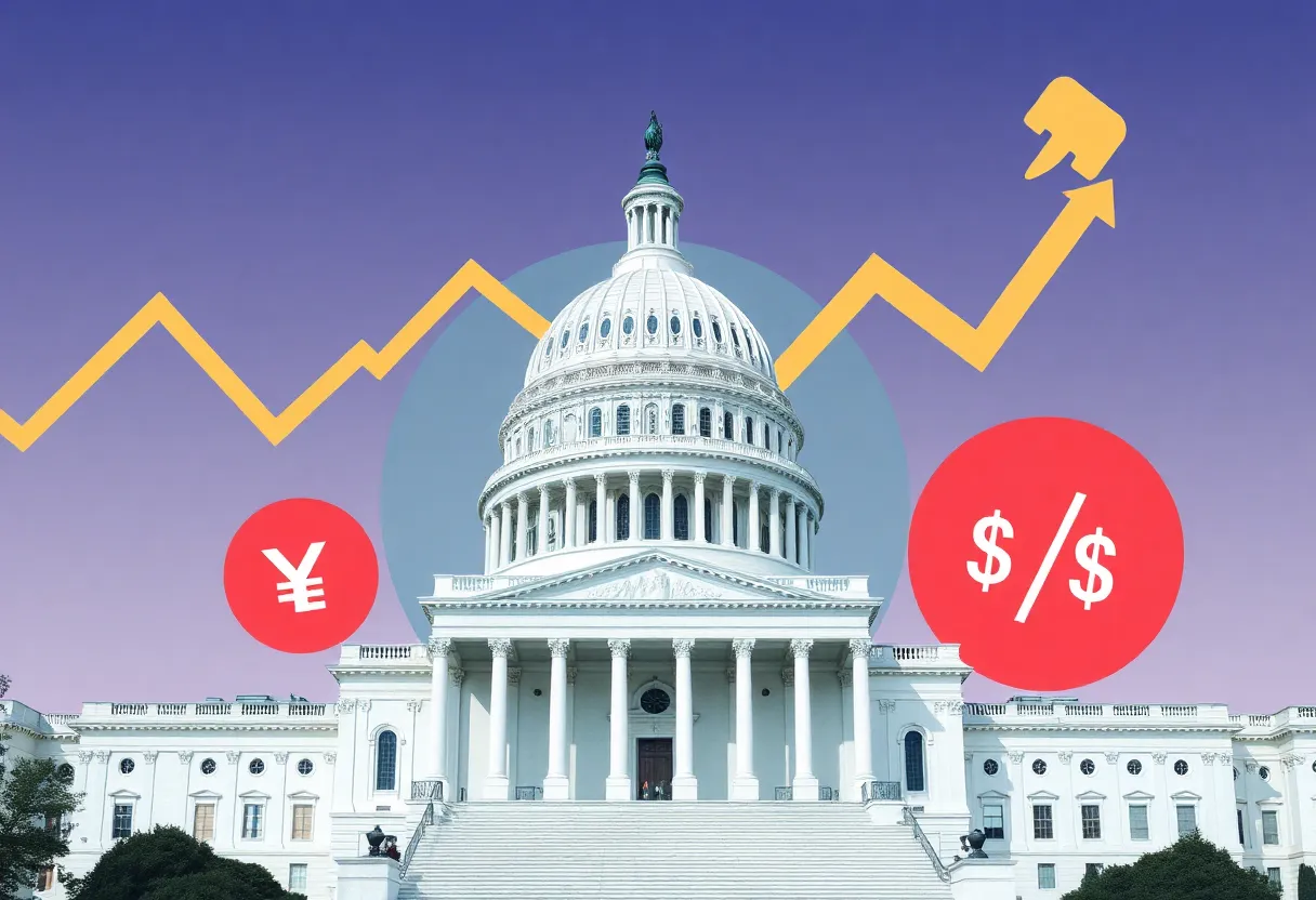 Capitol building with financial charts and debate symbols.
