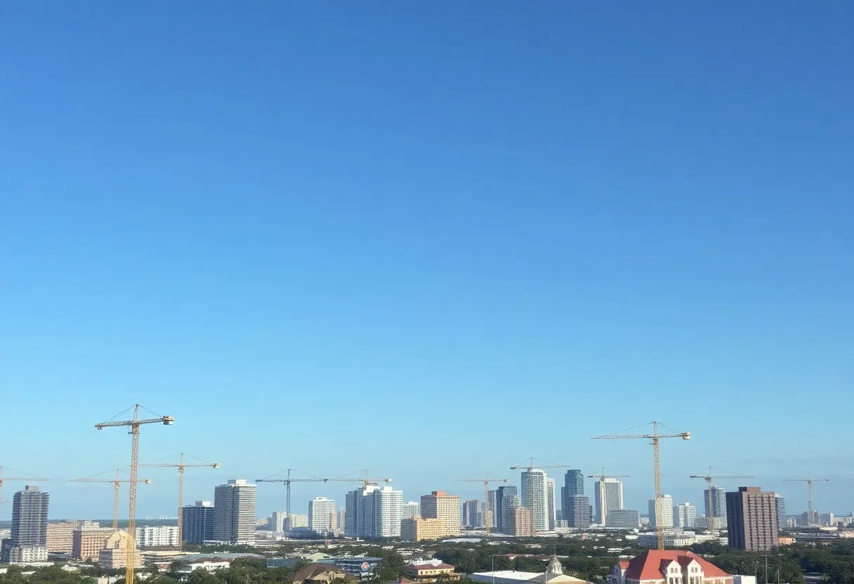 Skyline of a bustling Florida city with construction cranes.