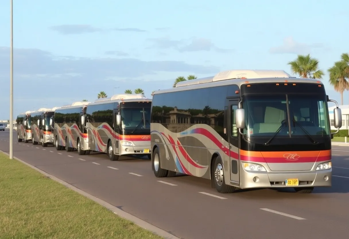 Motorcoaches lined up for hurricane evacuation assistance.