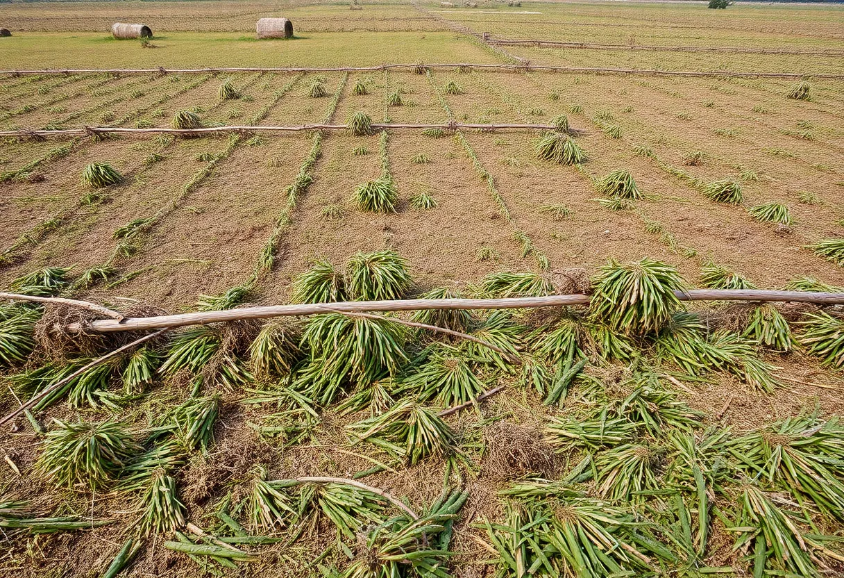 Devastated farmland with fallen crops after hurricane impact.