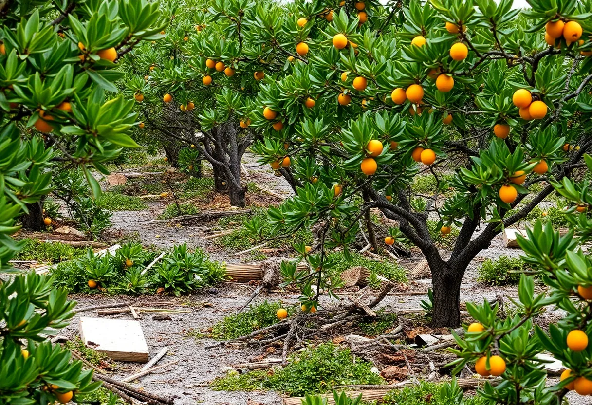 Devastated citrus groves after hurricane winds and rain.