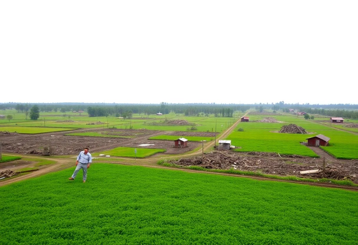 Devastated agricultural fields after hurricane destruction.