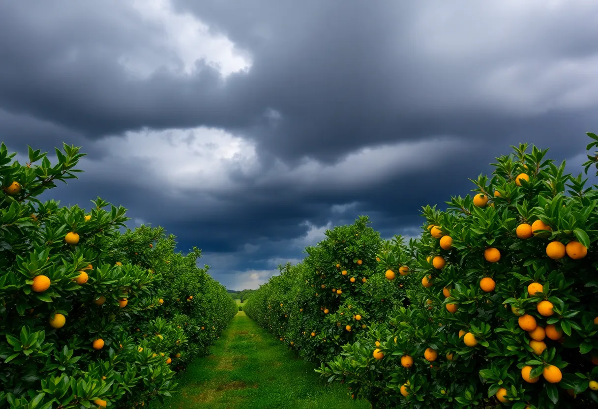 Citrus groves under dark stormy skies, highlighting environmental challenges.