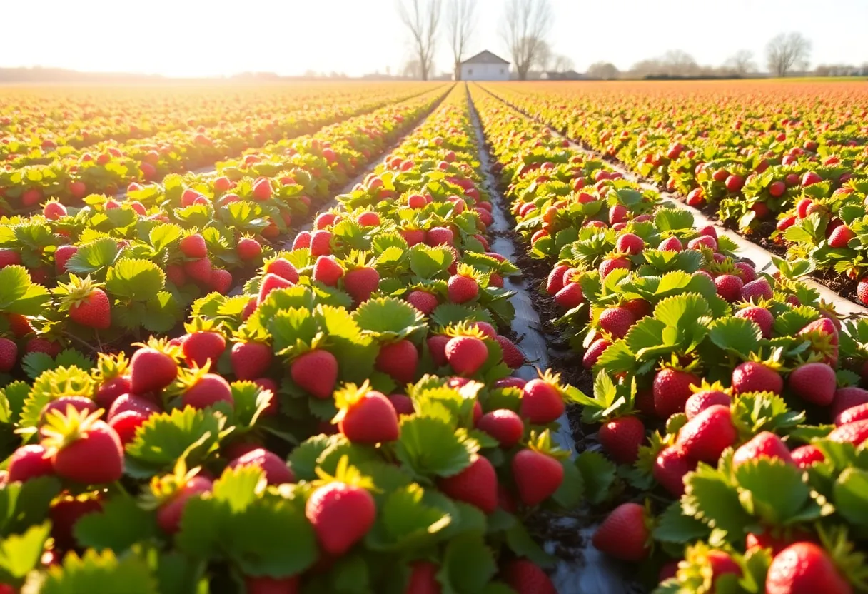 Vibrant strawberry fields blanketed in winter sunshine.
