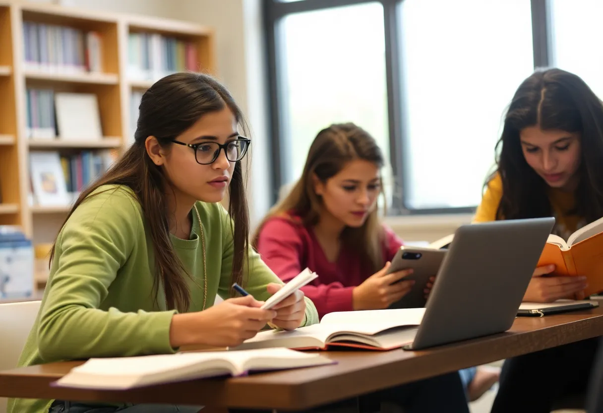 Students studying with books and laptops, unsure expressions.