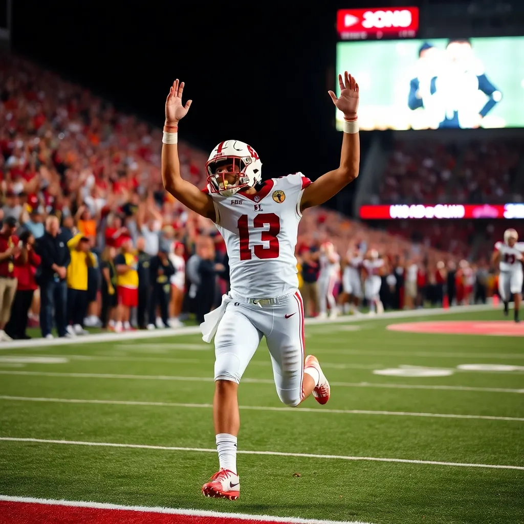 A college football player celebrating a touchdown on field.
