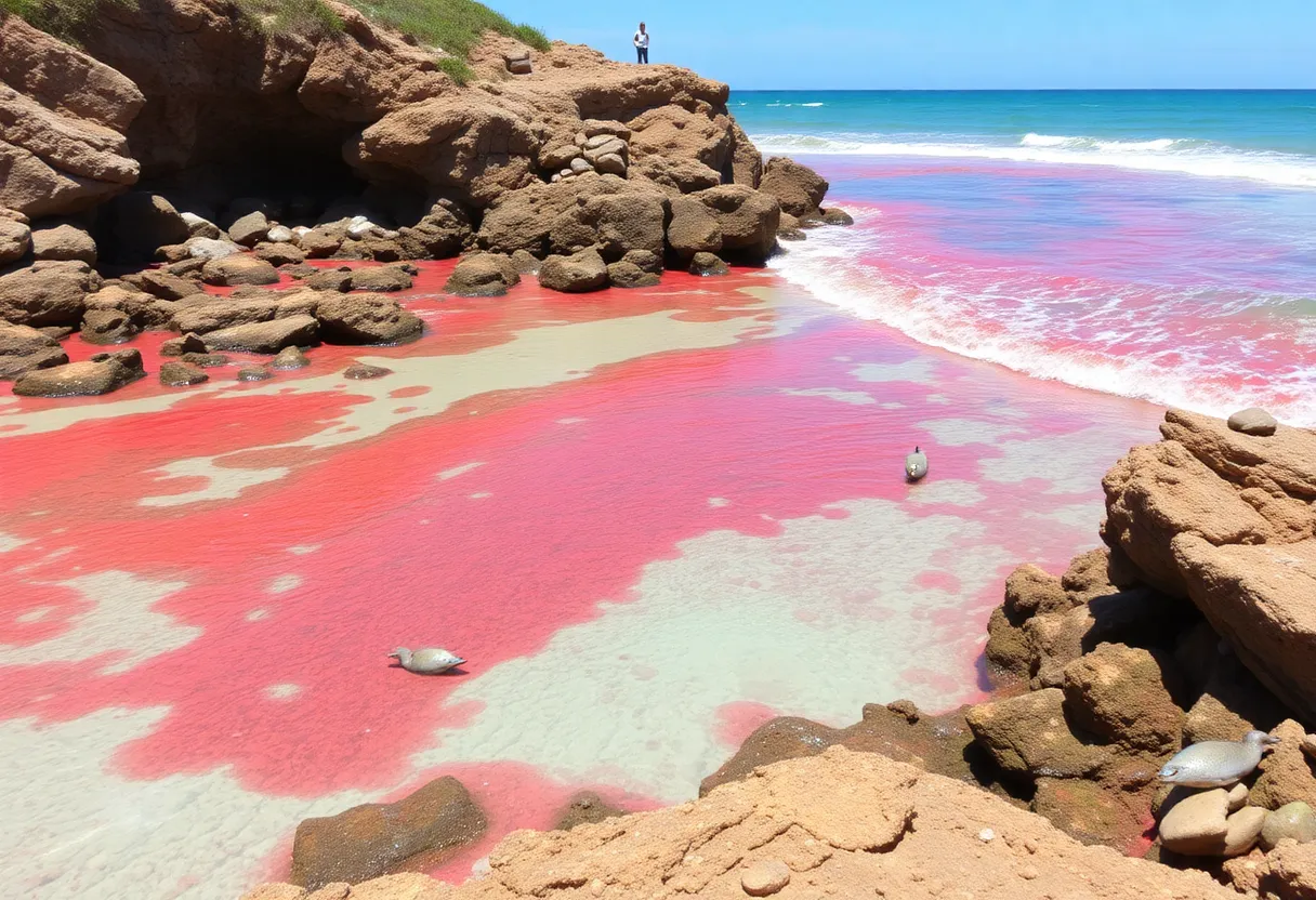 Vibrant coastal scene with wildlife near red tide waters.