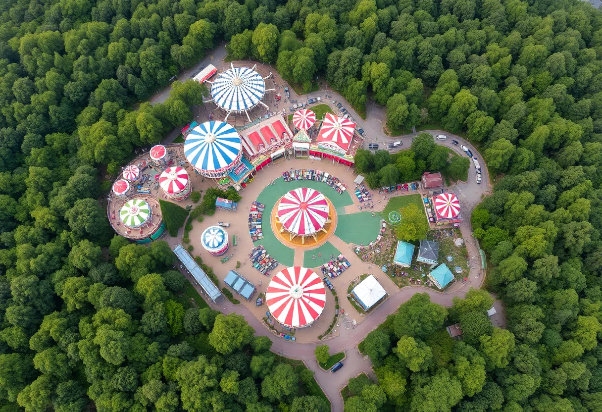 Aerial view of an amusement park with surrounding greenery.