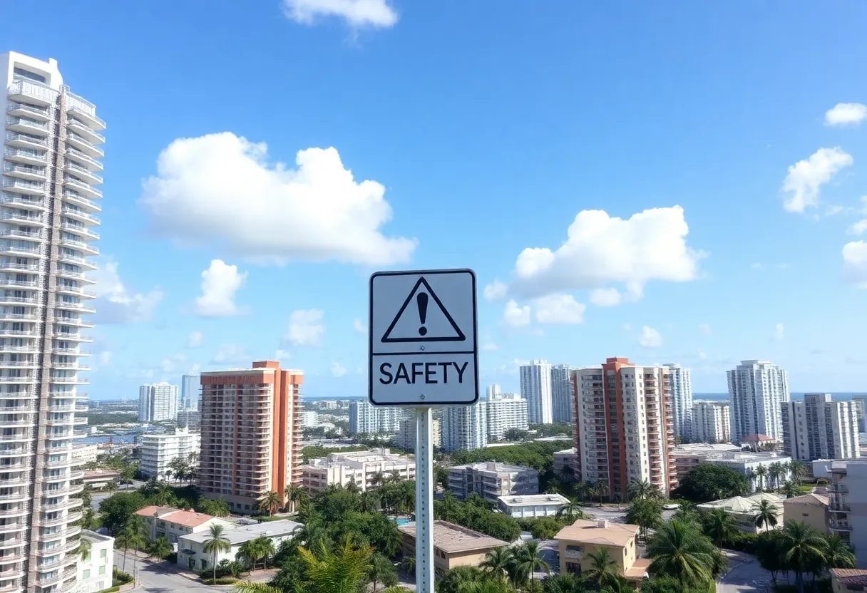 Soaring condo fees with safety sign in Florida skyline.