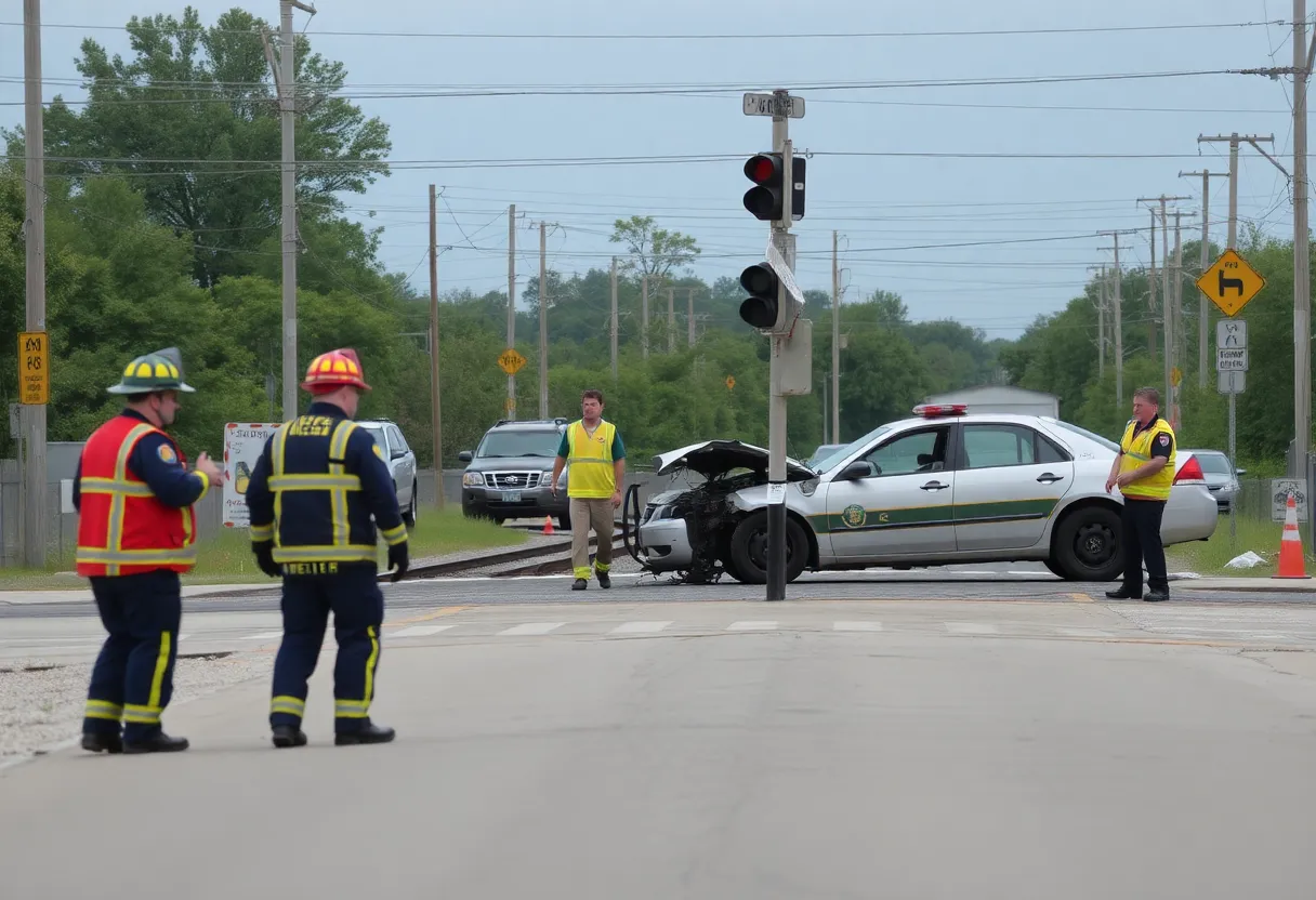 Emergency responders at a railroad crossing accident scene.