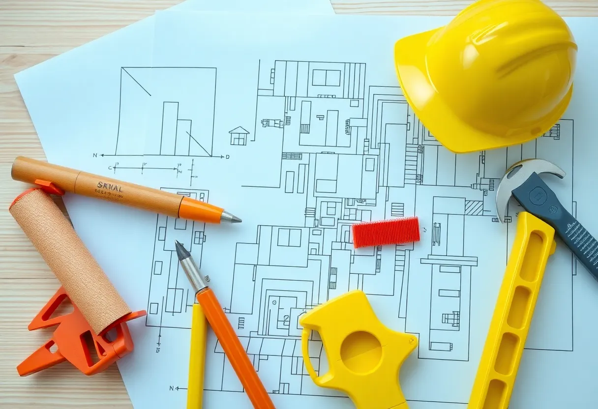 Blueprints and construction tools representing building safety preparations.