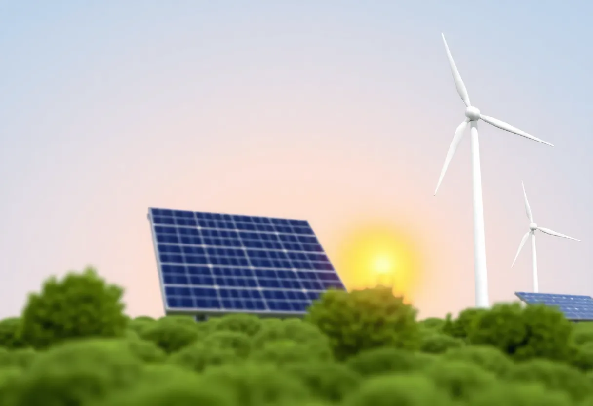 Renewable energy projects symbolized by solar panels and wind turbines.