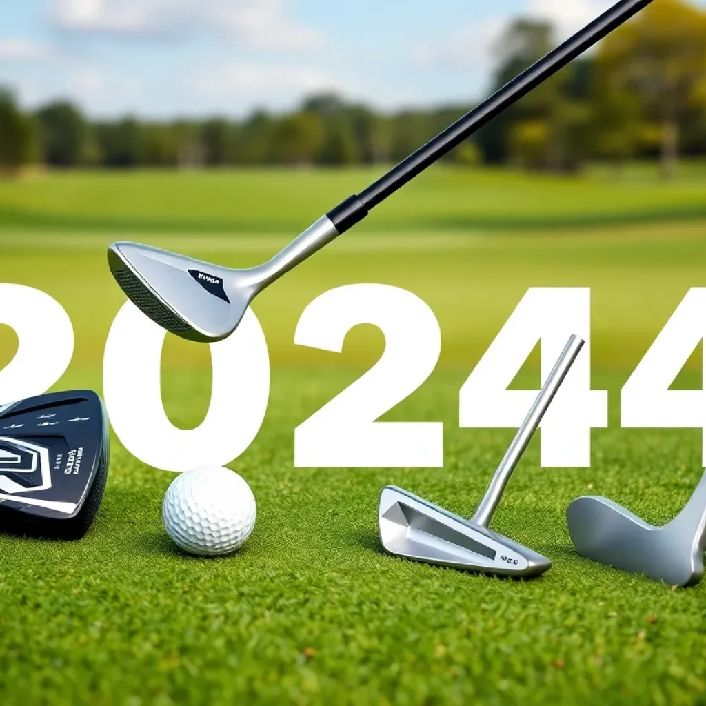 Various modern golf clubs displayed on a golf course