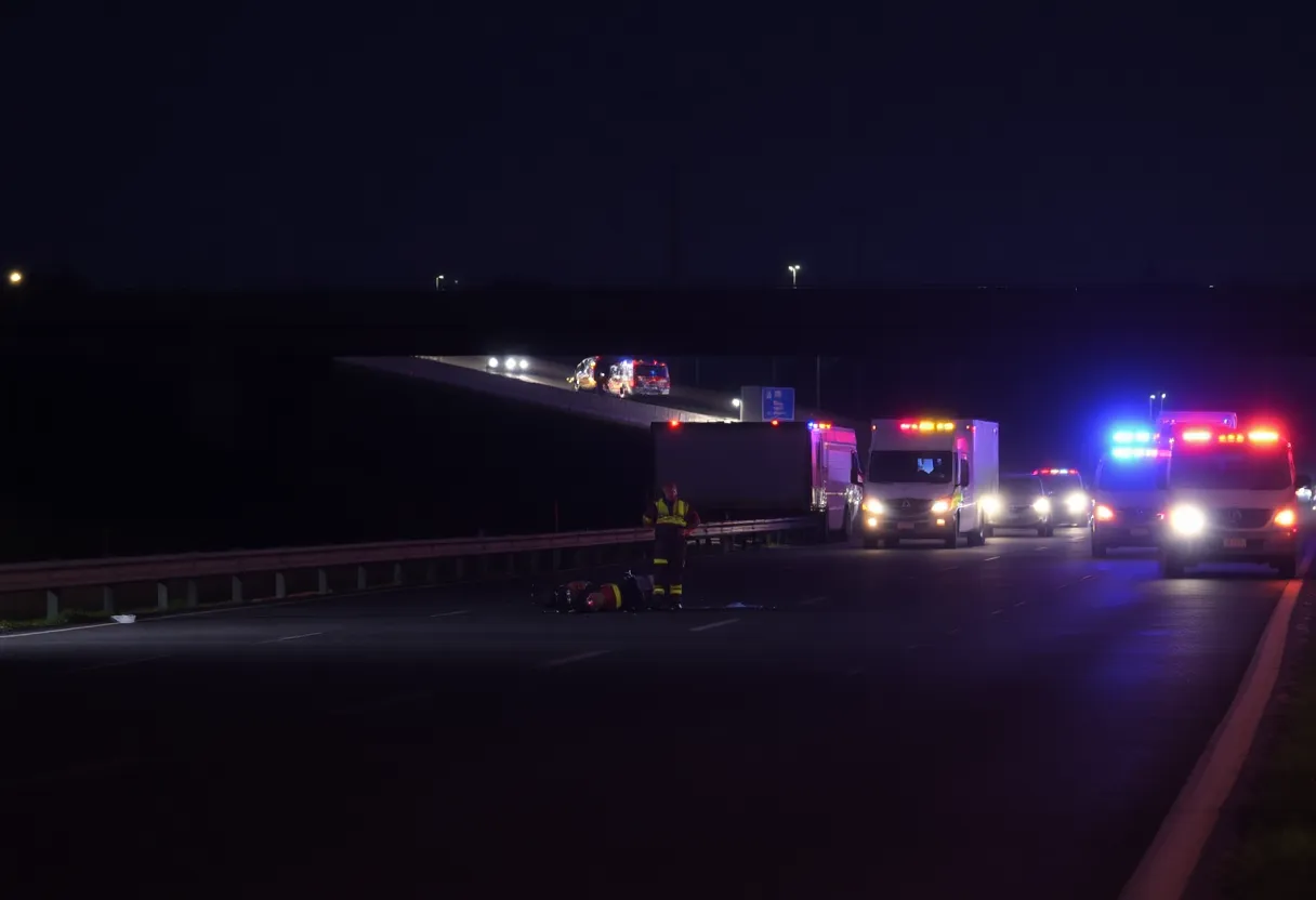 Scene of a car crash on a highway at nighttime surrounded by emergency responders.