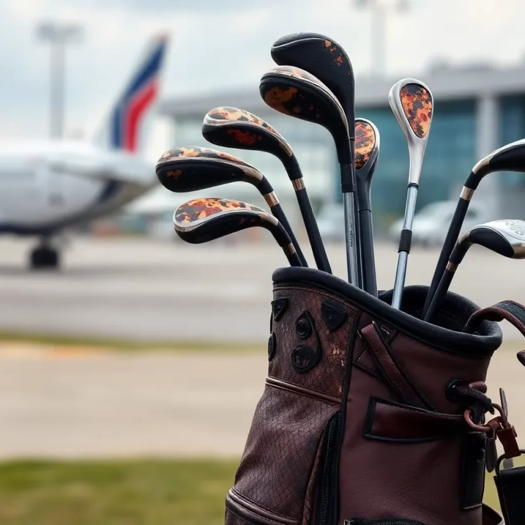 Burned golf clubs on baggage claim carousel