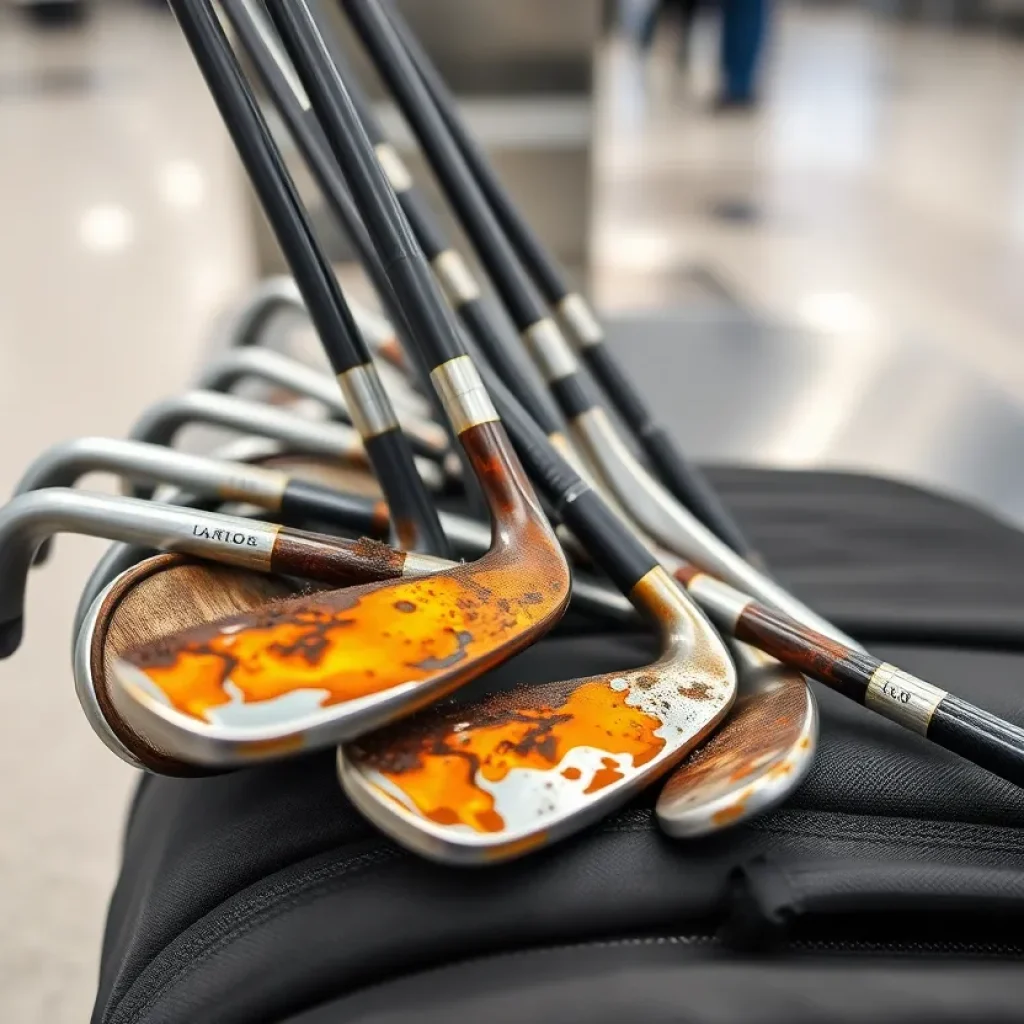 Distressed golfer with charred golf clubs after Delta Airlines mishandling
