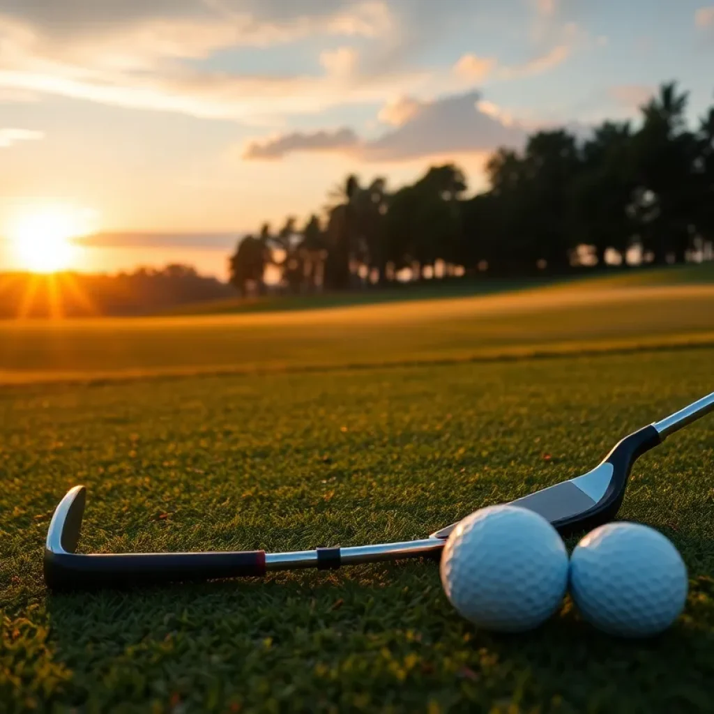 A peaceful golf course at sunset, symbolizing remembrance.