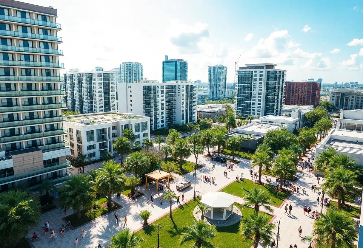 Modern residential buildings in downtown Orlando with people enjoying the community