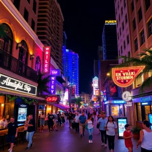 An evening view of downtown Orlando nightlife with illuminated bars and people enjoying the atmosphere.