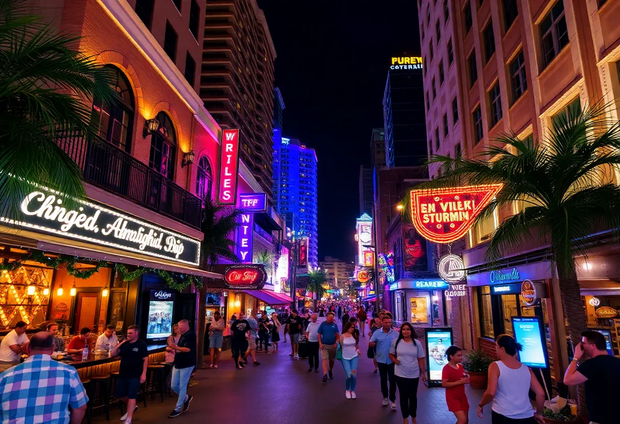 An evening view of downtown Orlando nightlife with illuminated bars and people enjoying the atmosphere.