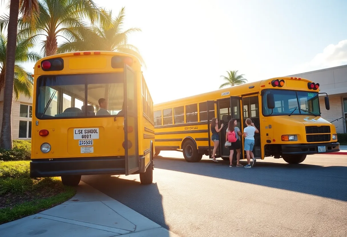 Students boarding an electric school bus in Cross City, Florida.