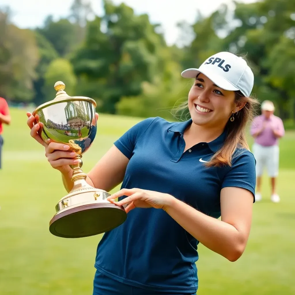 Emily Tuttle holding a trophy after winning the Dixie Amateur tournament
