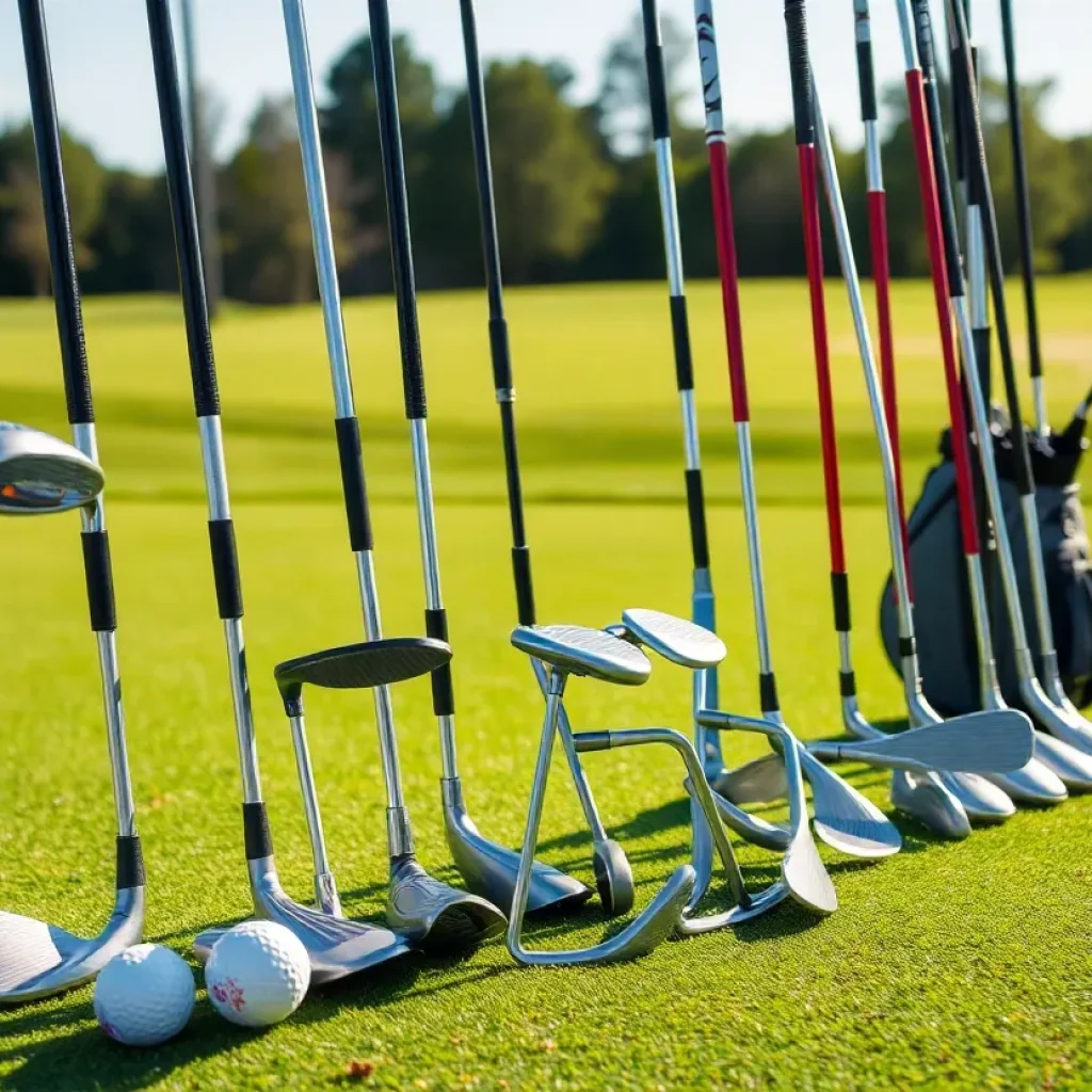 Various golf clubs displayed on a green golf course