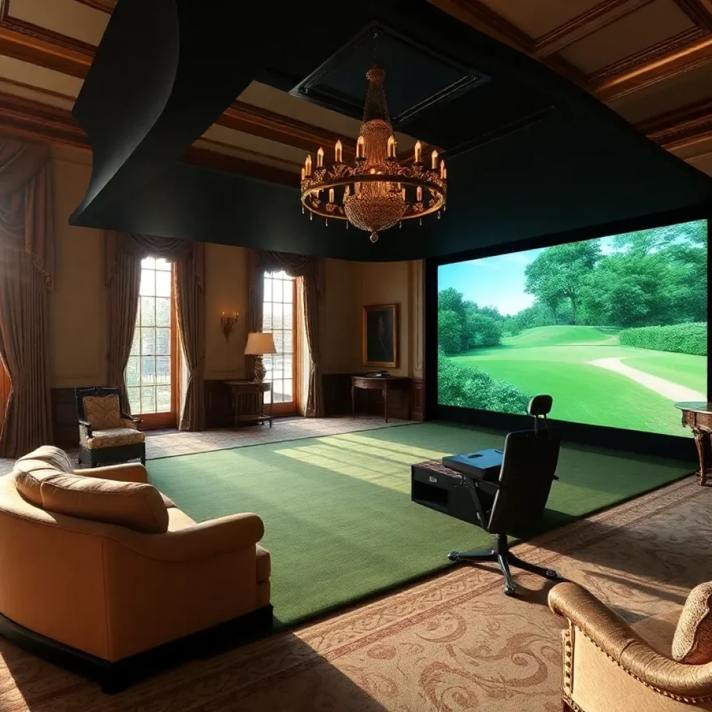 Luxurious golf simulator in a mansion