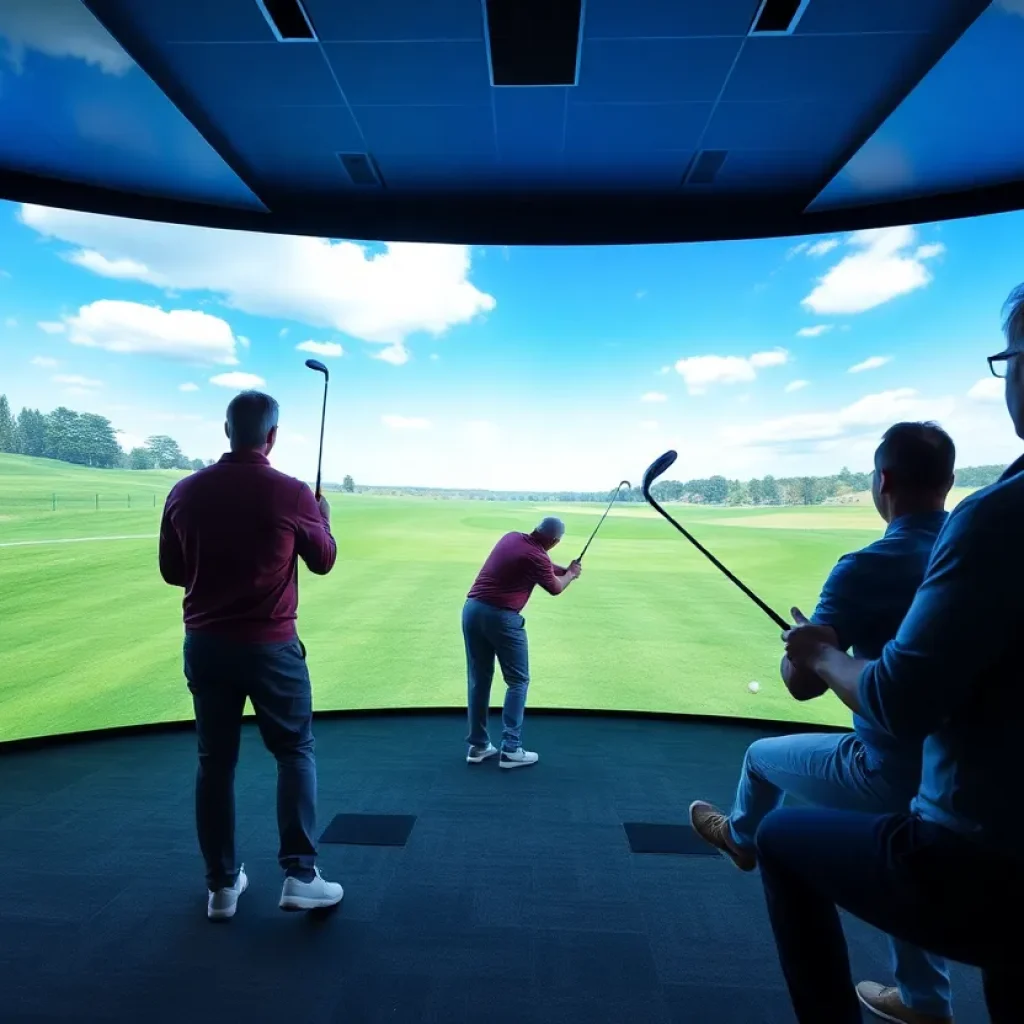 People enjoying virtual golf simulators in Florida with large screens